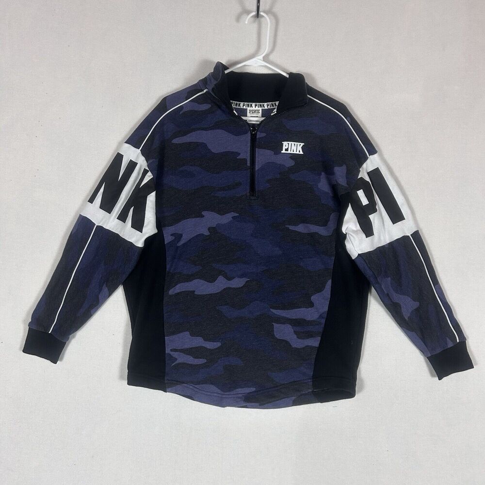 Pink Victorias Secret Sweatshirt Womens Small Blue Black Camouflage 1/4 Zip Logo